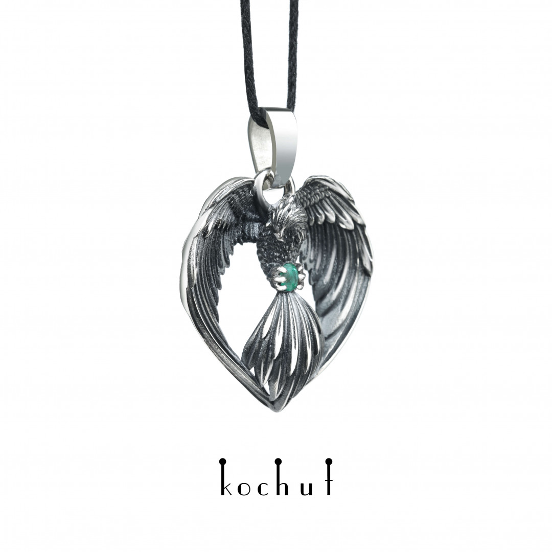 Pendant Phoenix | Silver, oxidized, emerald